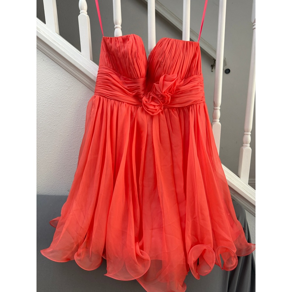 J&J USA Coral Pink Strapless Chiffon Cocktail Dress Floral Waist Shawl Size 10